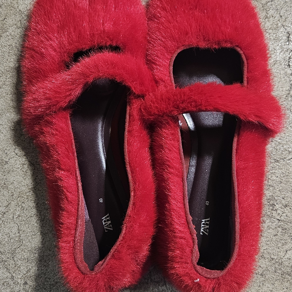 Zara Vibrant Red Furry Flats